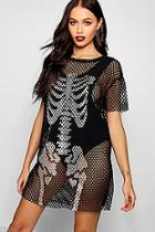 Boohoo Halloween Foil Print Fishnet Skeleton T-shirt Dress