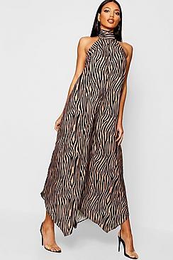 Boohoo Satin Zebra Halterneck Jumpsuit