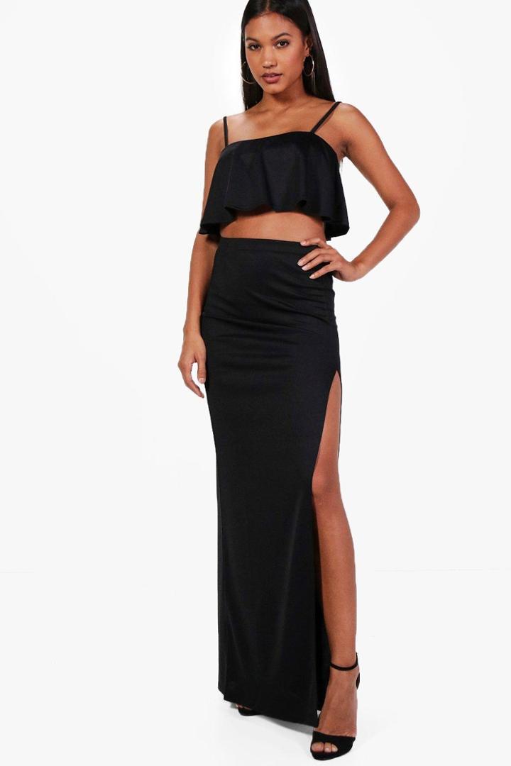 Boohoo Hanna Frill Crop & Split Maxi Skirt Co-ord Black