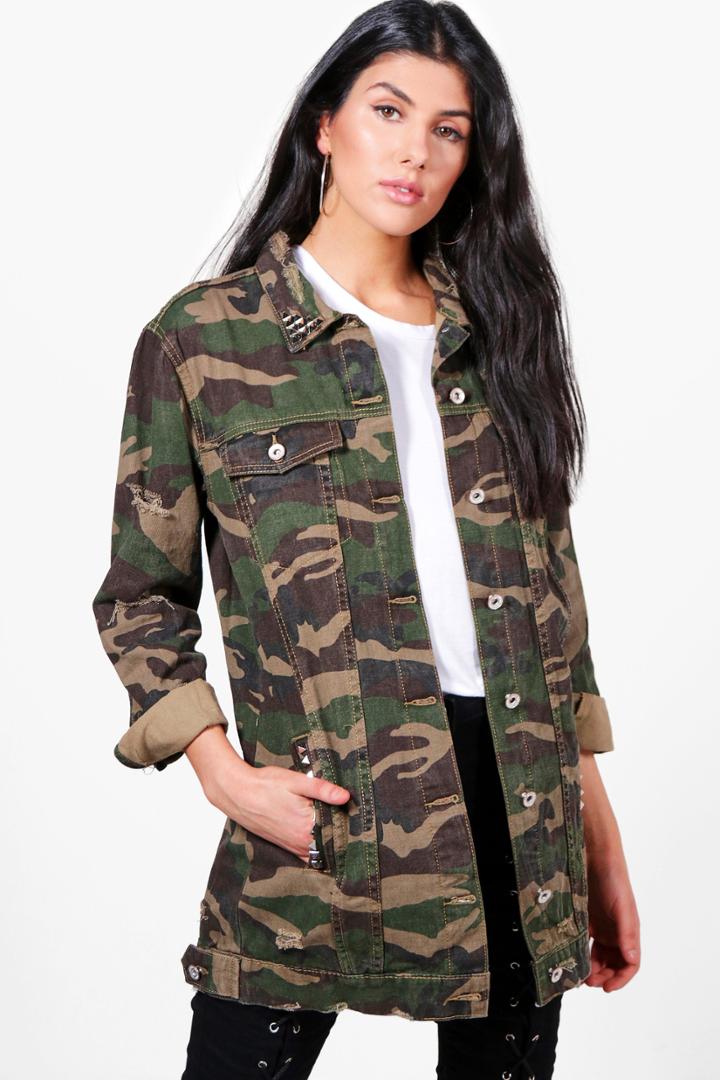 Boohoo Janine Camo Studded Longline Jean Jacket Camo