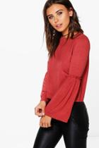 Boohoo Petite Darcey Ruffle Detail Bell Sleeve Top Cinnamon