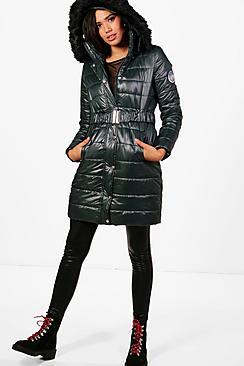Boohoo Harriet High Shine Padded Belted Coat