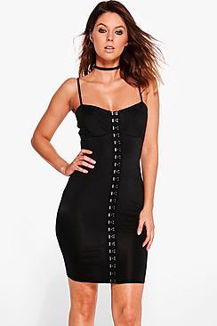 Boohoo Emrata Strappy Hook And Eye Bodycon Dress