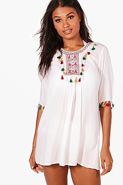 Boohoo Macey Pom Pom Trim Beach Cover Up Dress