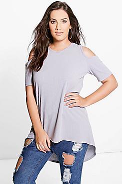 Boohoo Plus Ivory Ribbed Open Shoulder Top