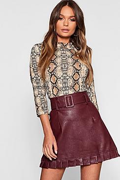 Boohoo Belted Pu Frill Hem Leather Look Mini Skirt
