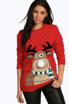 Boohoo Niamh Pom Pom Reindeer Christmas Jumper Red