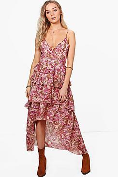 Boohoo Lucie Paisley Ruffle Dip Back Hem Maxi Dress