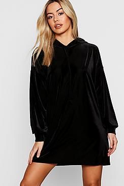 Boohoo Petite Velvet Ribbed Hooded Dress