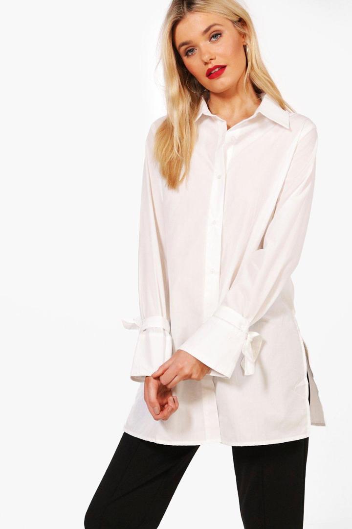 Boohoo Jennie Tie Sleeve Oversized Shirt Ivory