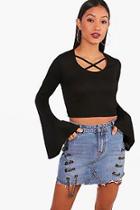 Boohoo Anna Rib Cross Front Flare Sleeve Crop