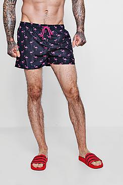 Boohoo Flamingo Print Short Length Swim Shorts