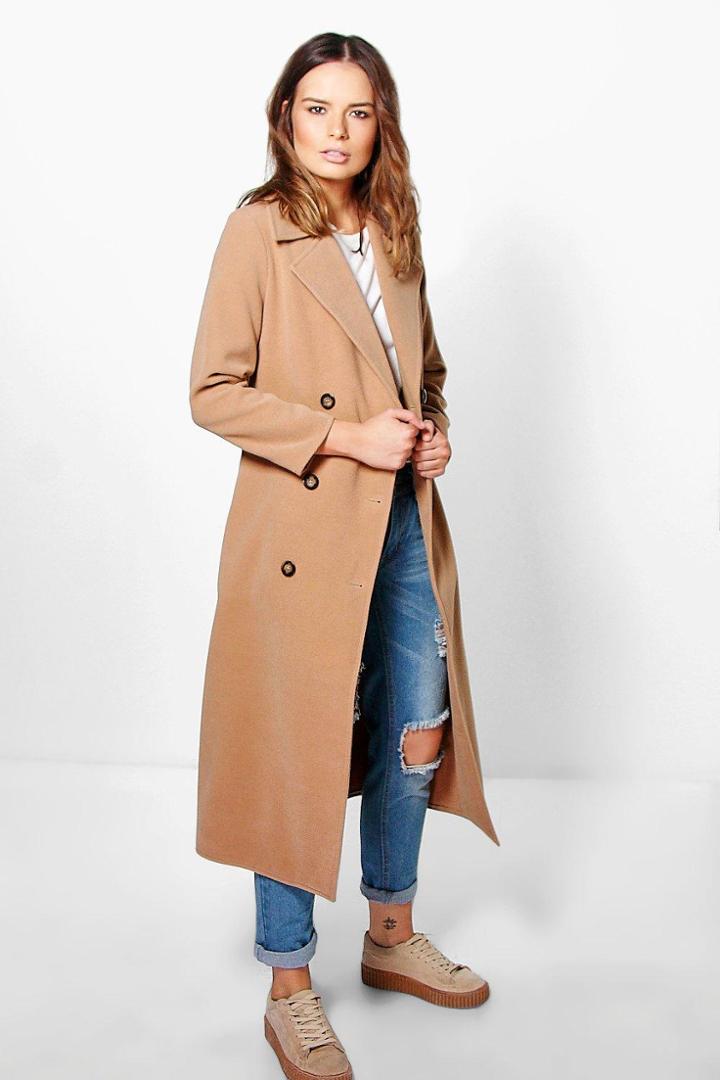 Boohoo Brooke Double Breasted Wool Look Robe Duster Camel