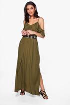 Boohoo Wendy Cold Shoulder Split Side Maxi Dress Khaki