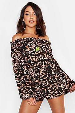Boohoo Leopard Bardot Beach Playsuit