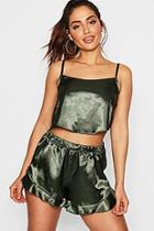 Boohoo Satin Crop Cami & Ruffle Short Set