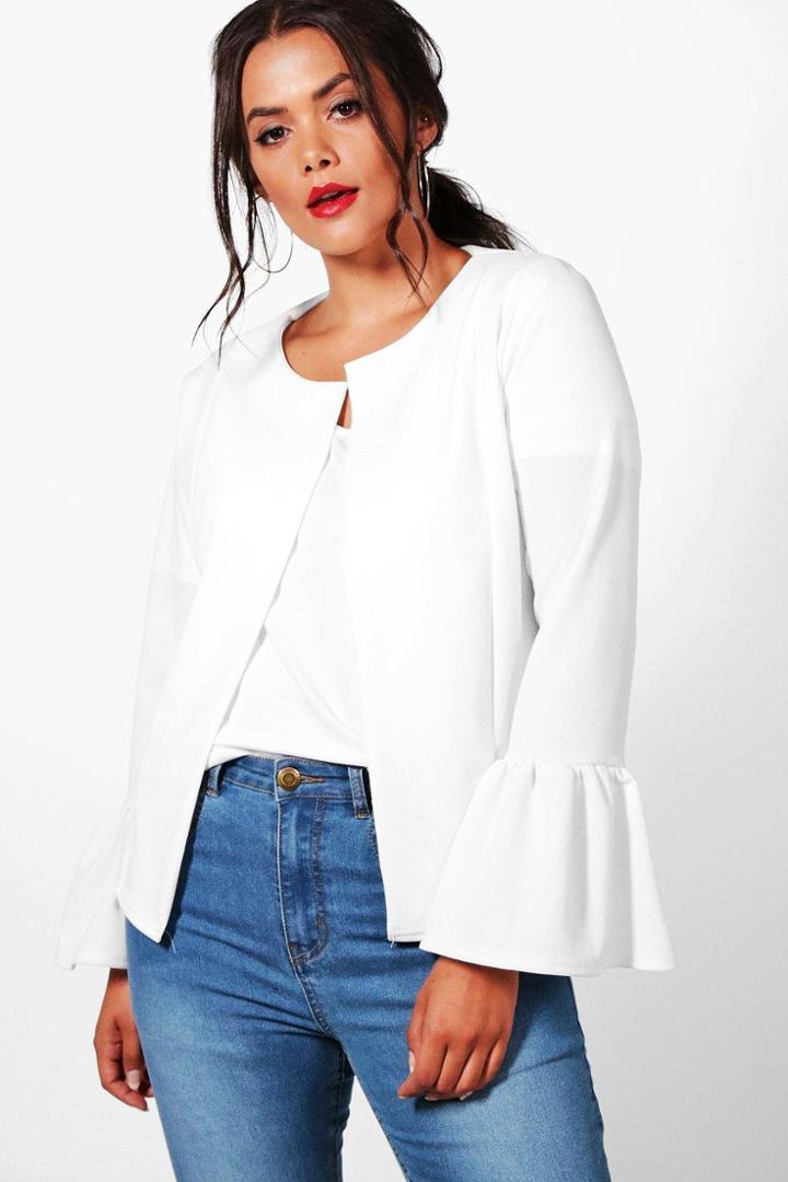 Boohoo Plus Kate Ruffle Hem Collarless Jacket Ivory