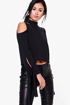 Boohoo Grace Cold Shoulder Tie Sleeve Top