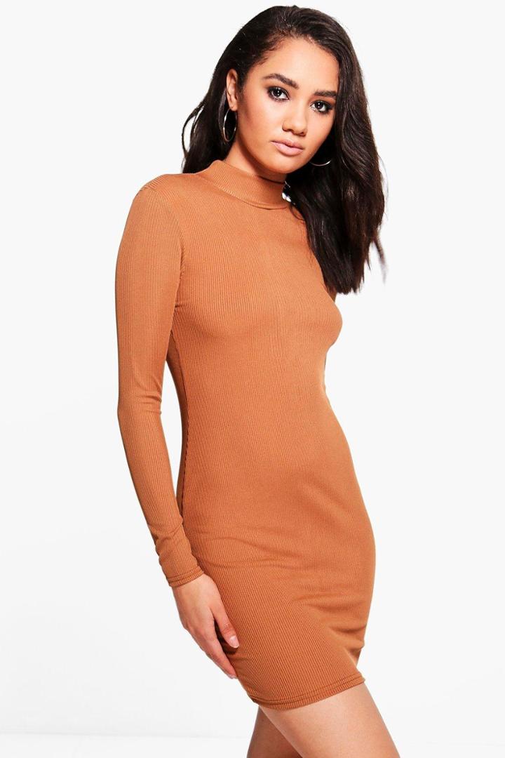 Boohoo Petite Charis Backless Turtle Neck Rib Mini Dress Camel
