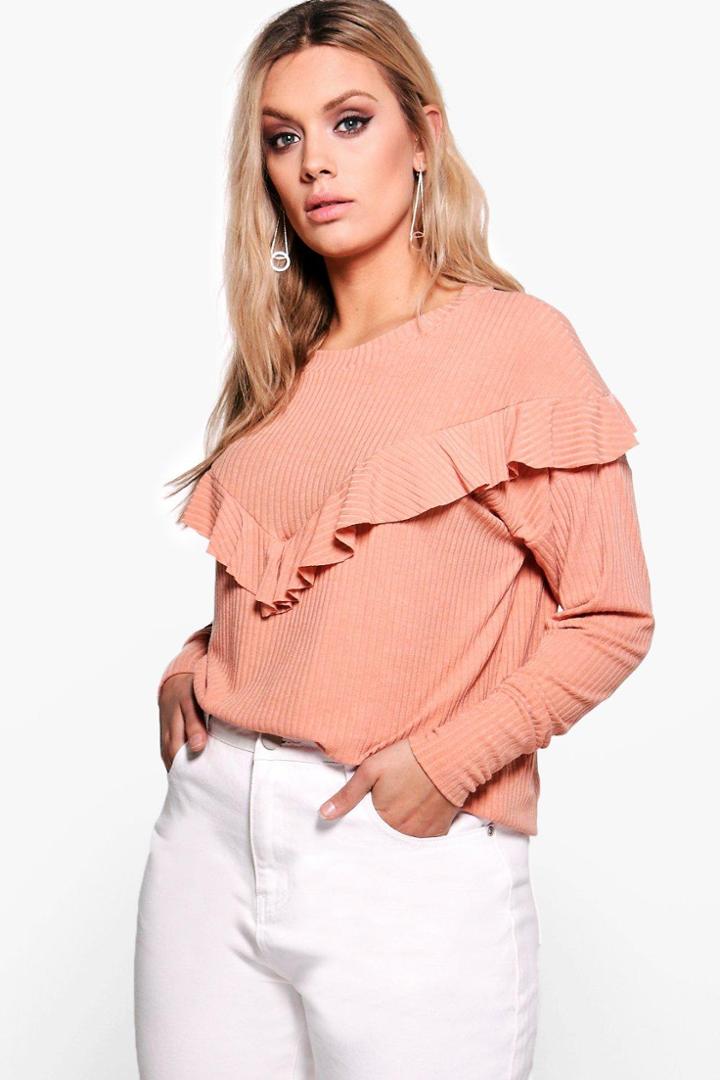 Boohoo Plus Shannon Ruffle Detail Knitted Rib Top Sand