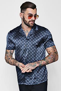 Boohoo Geo Print Short Sleeve Revere Satin Shirt