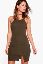 Boohoo Uma Crepe Strappy Front Split Bodycon Dress Khaki