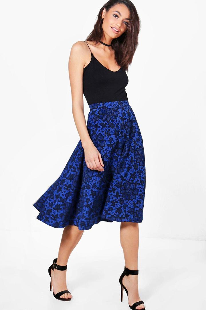 Boohoo Nola Lace Print Full Midi Skirt Royal