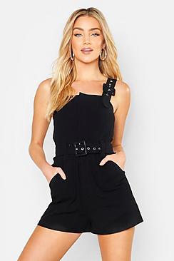 Boohoo Linen Belted Buckle Strap Playsuit