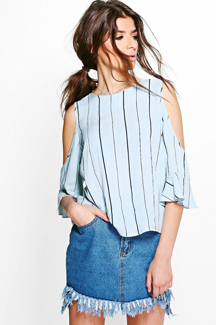 Boohoo Stephanie Striped Tie Back Cold Shoulder Top Blue