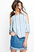 Boohoo Stephanie Striped Tie Back Cold Shoulder Top Blue