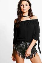 Boohoo Erin Woven Tie Sleeve Off The Shoulder Top