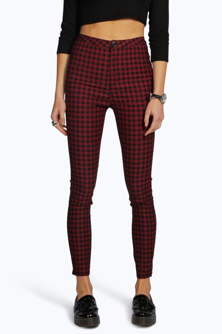 Boohoo Lara High Rise Gingham Denim Skinny Jeans Black