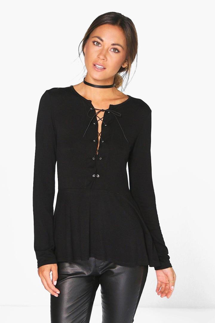 Boohoo Patrice Lace Up Peplum Top Black