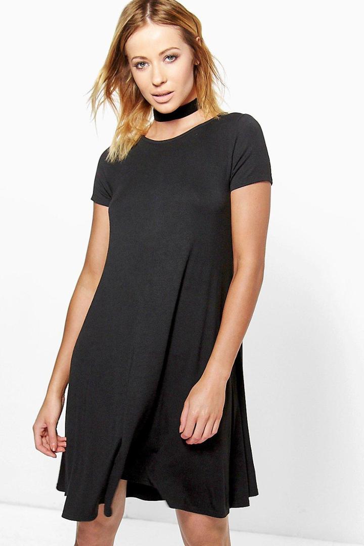 Boohoo Flo Basic Scoop Neck Cap Sleeve Swing Dress Black