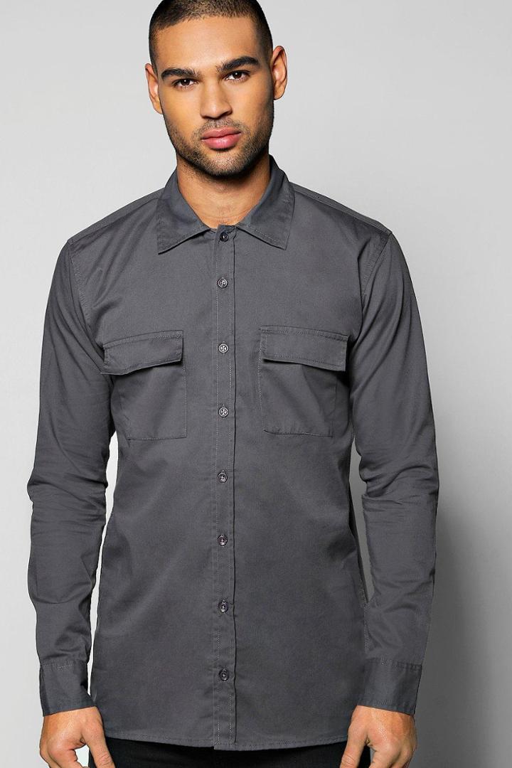 Boohoo Military Pocket Slim Fit Shirt Charcoal