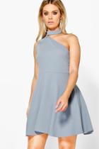 Boohoo Plus Rosie Choker One Shoulder Skater Dress Dove
