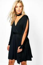 Boohoo Plus Ella Choker Wrap Dress With Split Sleeve Black