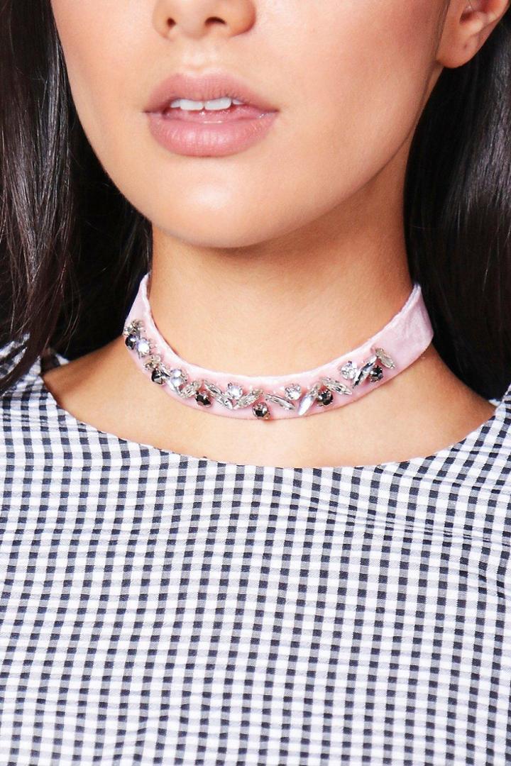 Boohoo Saskia Velvet Diamante Embellished Choker Blush