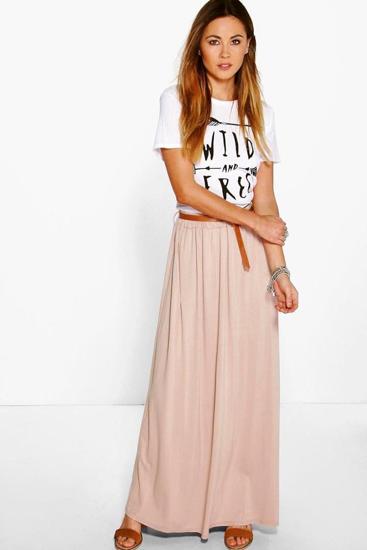 Boohoo Vivian Jersey Belted Maxi Skirt Sand