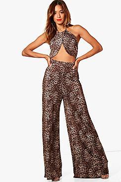 Boohoo Kara Leopard Print Wide Leg Co-ord Set