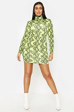 Boohoo Plus Neon Snake Roll Neck Rib Midi Dress