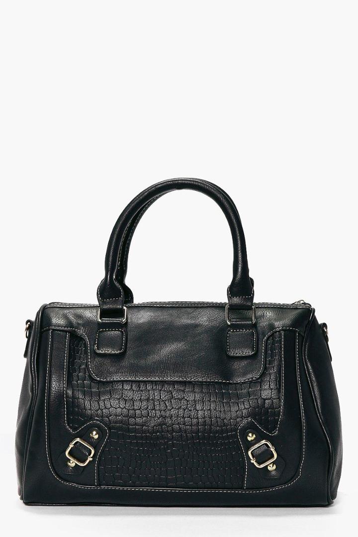 Boohoo Tia Structured Mock Croc Bowler Day Bag Black