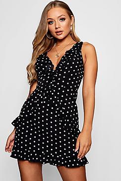 Boohoo Polka Dot Ruffle Detail Tea Dress