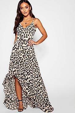 Boohoo Petite Leopard Strappy Ruffle Dress