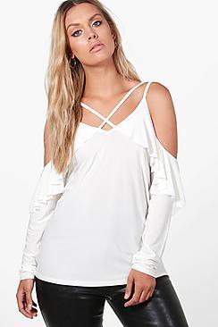Boohoo Plus Scarlett Ruffle Open Shoulder Top