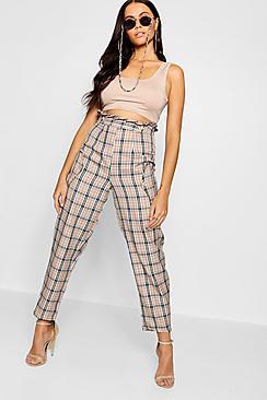 Boohoo Paperbag Waist Pocket Woven Check Trousers