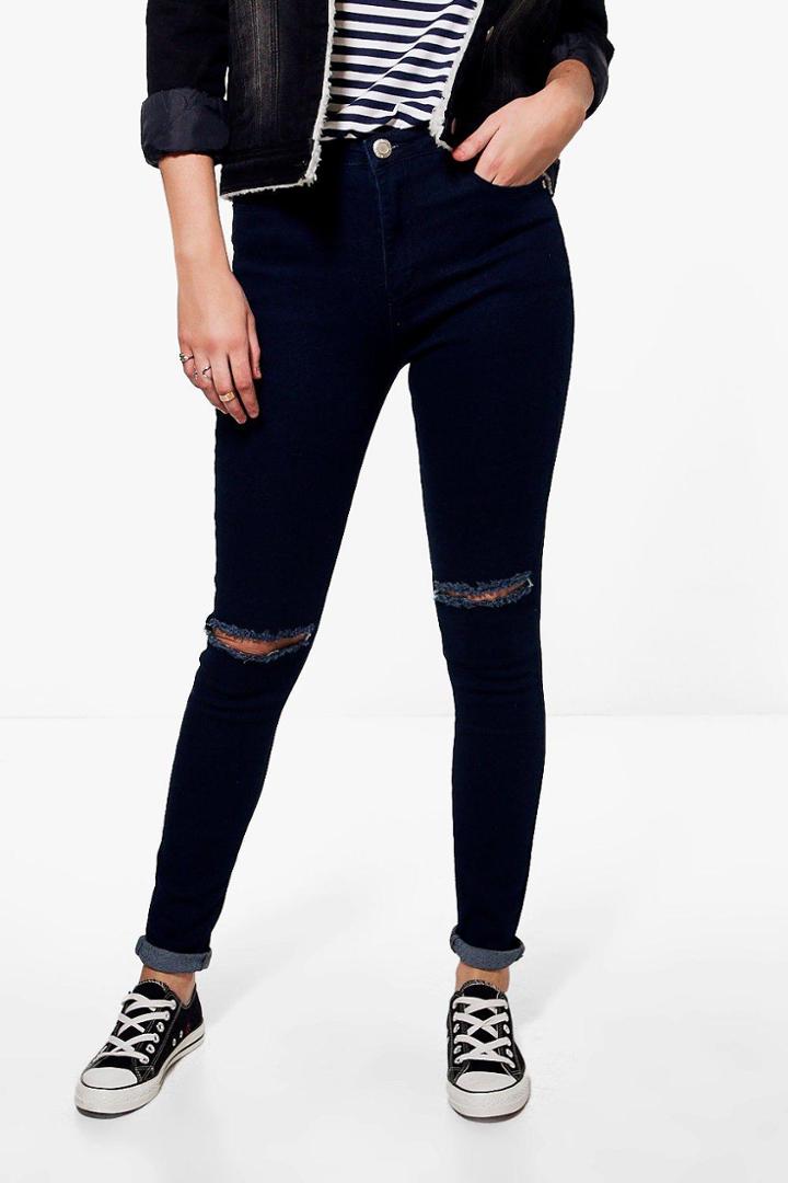 Boohoo Tall Hara Ripped Knee Skinny Jean Indigo