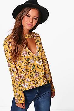 Boohoo Petite Gracie Cut Out Detail Floral Blouse
