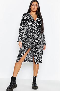 Boohoo Plus Leopard Wrap Button Front Midi Dress
