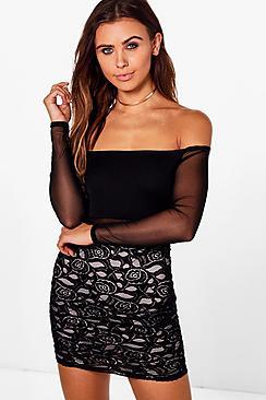 Boohoo Petite Sarah Off The Shoulder Mesh Lace Dress